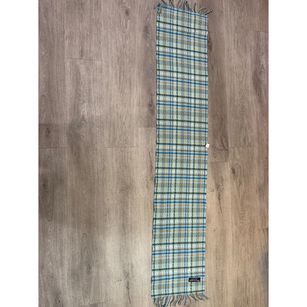 100% Cashmere Scarf Made in Scotland Blue Plaid Houndstooth Fringe Soft - Picture 5 of 7